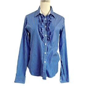 Lilly Pulitzer Blue White Strip Ruffle Bib Button Down Long Sleeve Blouse Top 10